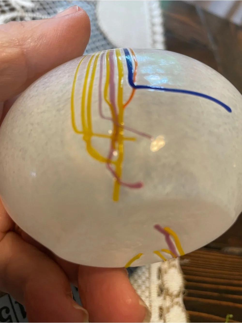 Kosta Boda White Glass Vase with Yellow and Blue Stripe Accents